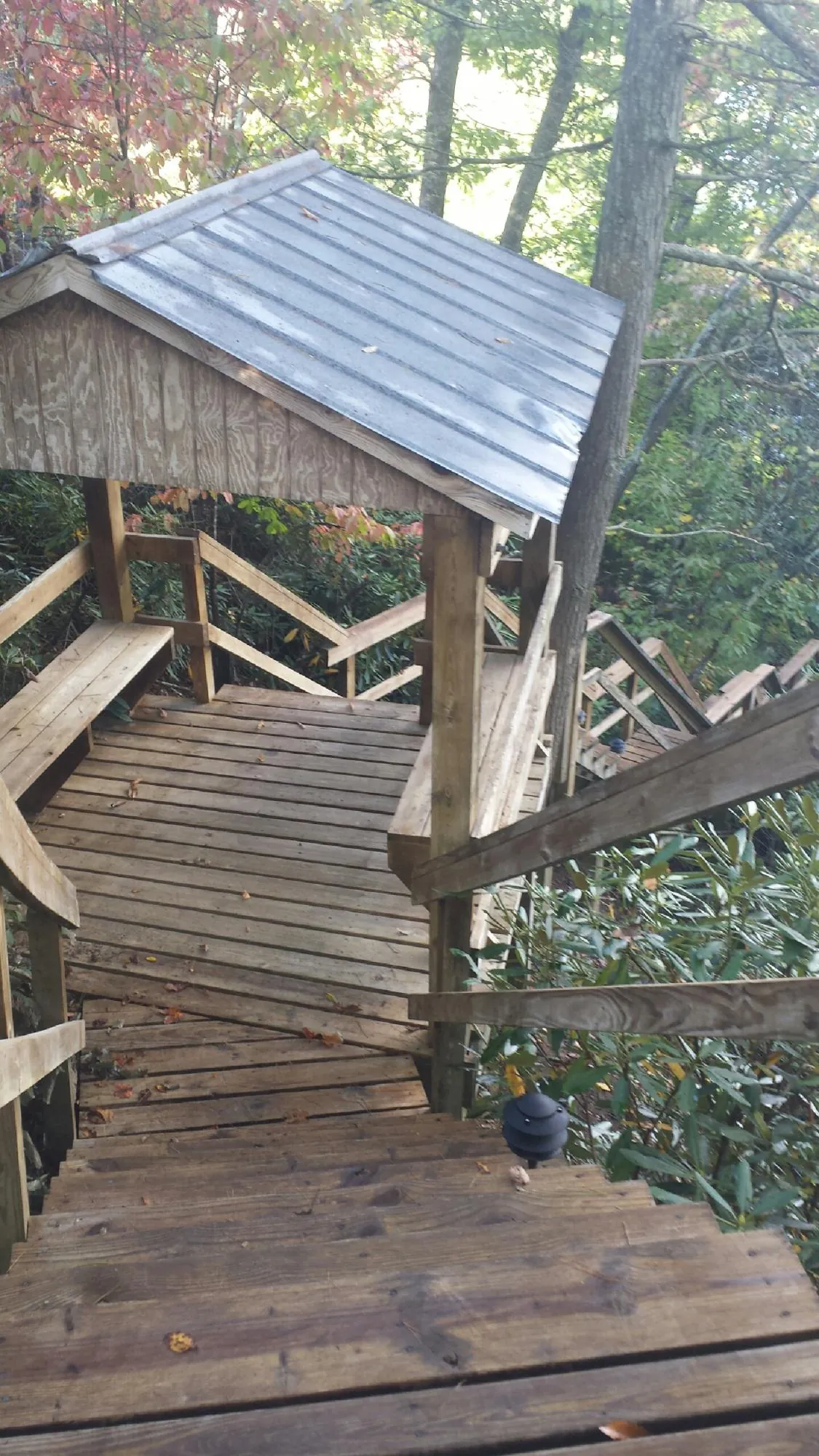 Metal roofed shelter over wooden steps on a wooded walkway — Skylight Repair & Installation work by our crew in Maywood
